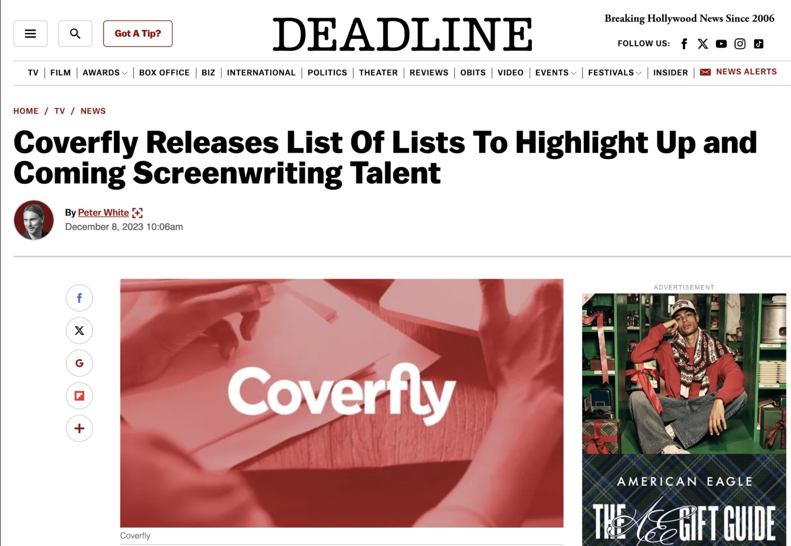 Deadline Hollywood headline: "Coverfly Releases List Of Lists To Highlight Up and Coming Screenwriting Talent," by Peter White, December 8, 2023.