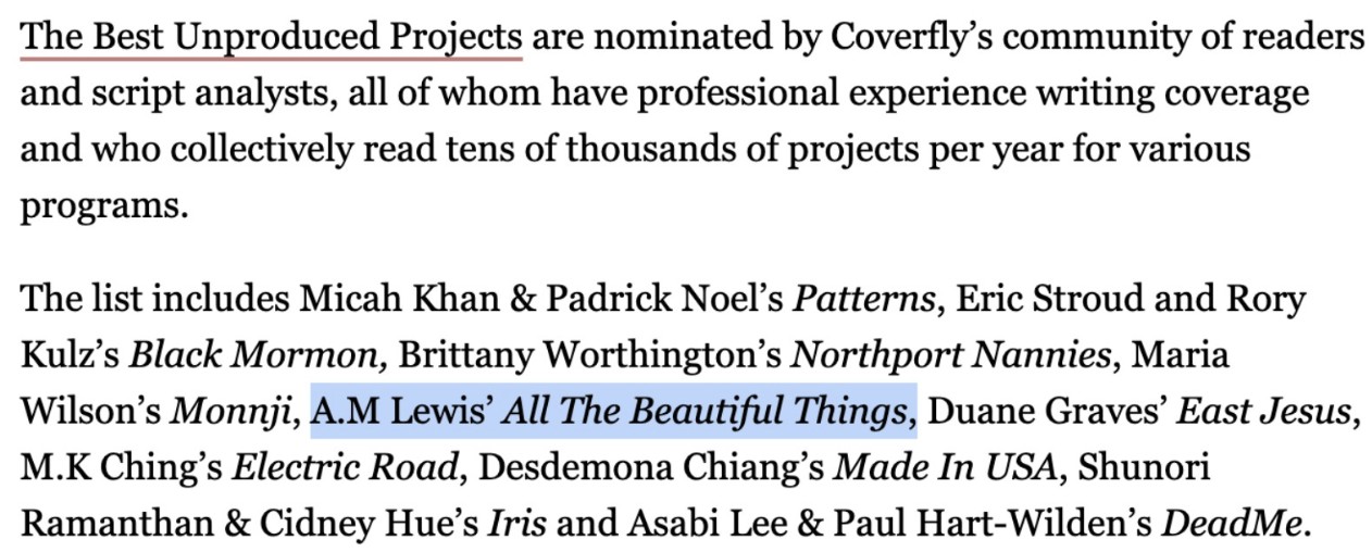 Excerpt from the Deadline article listing Coverfly's Best Unproduced Projects, with "A.M Lewis' All The Beautiful Things" highlighted among the selections.