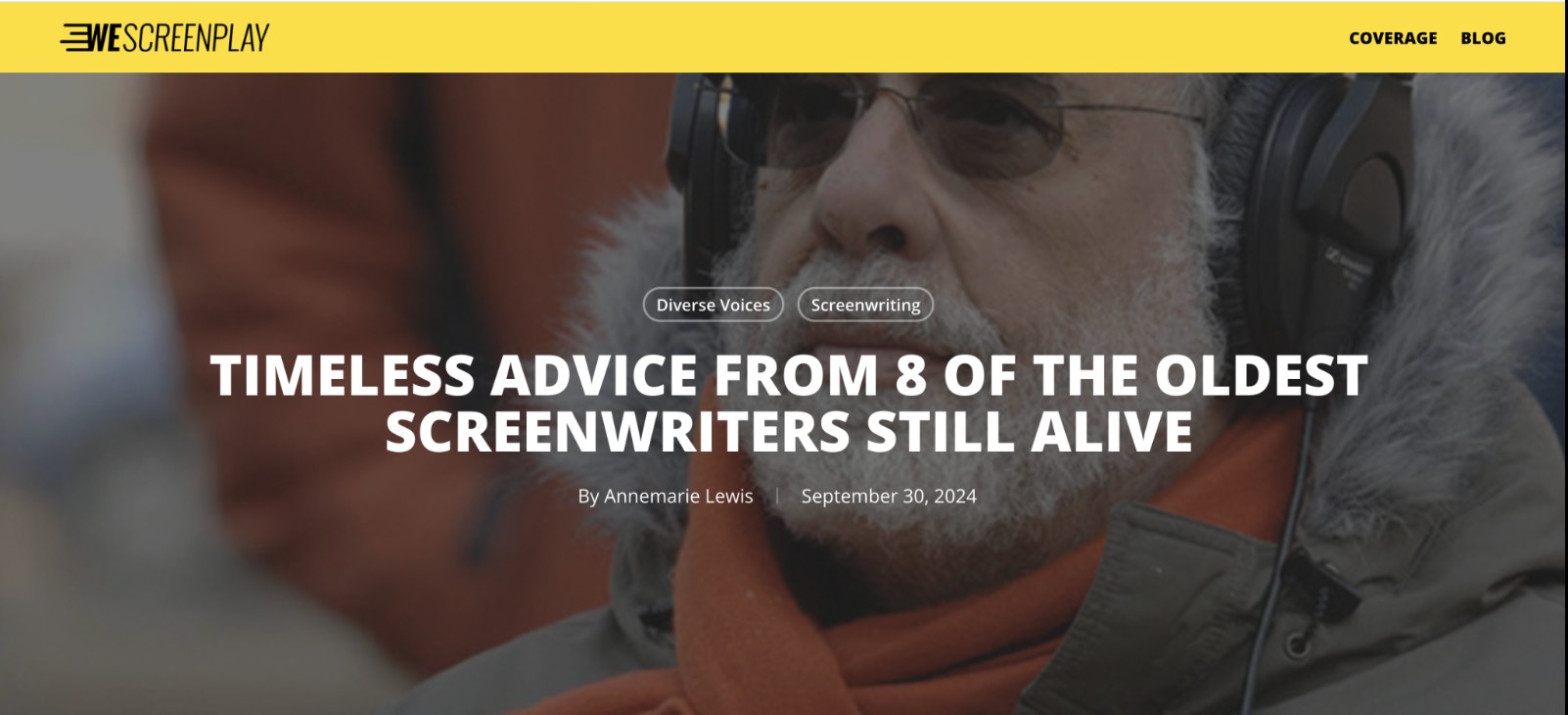 WeScreenplay article header: "Timeless Advice From 8 of the Oldest Screenwriters Still Alive," by Annemarie Lewis, September 30, 2024.
